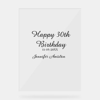 Señal Acrílica Feliz 30 cumpleaños agregar fecha elegante simple