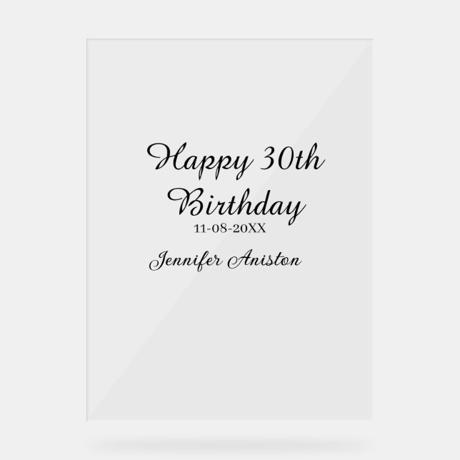 Señal Acrílica Feliz 30 cumpleaños agregar fecha elegante simple (Anverso)