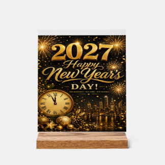 Señal Acrílica Feliz Año Nuevo 2027 | Fuegos Artificiales de Oro