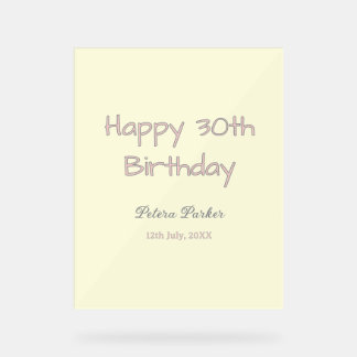 Señal Acrílica feliz cumpleaños 30 rosa amarillo gris nombre en p
