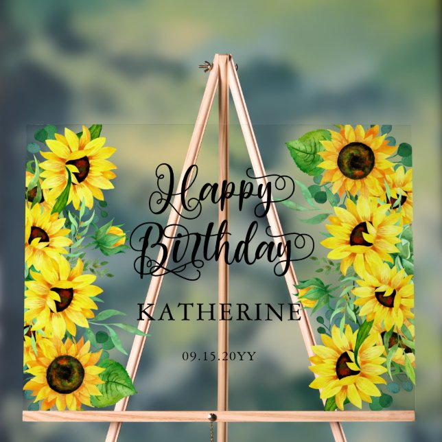 Señal Acrílica Feliz cumpleaños Boho Sunflowers | Fiesta Eucalypt (Neutral )