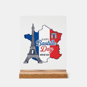 Señal Acrílica Feliz Día de la Bastilla Francia Mapa Torre Eiffel