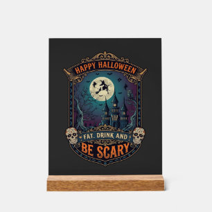 Señal Acrílica Feliz Halloween Castillo de Bruja Calaveras Gordo