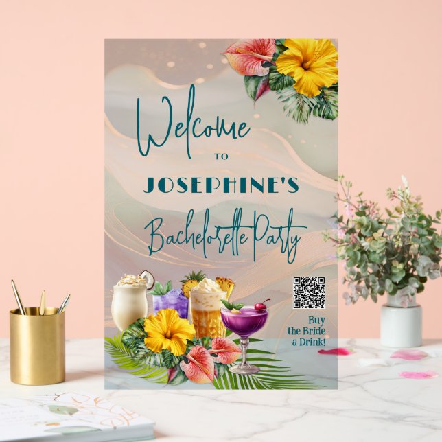 Señal Acrílica Fiesta de Bachelorette para bebidas tropicales (Boda)