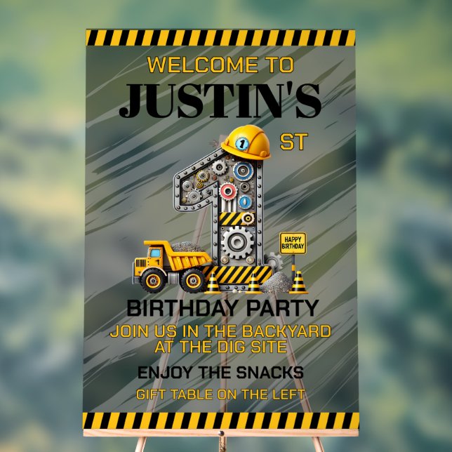 Señal Acrílica Fiesta de cumpleaños 1 de Construcción Adorable (Neutral )