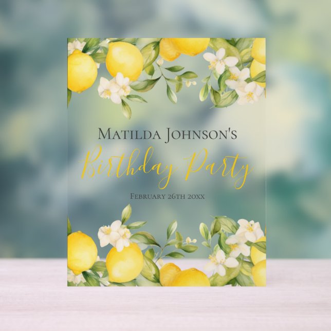 Señal Acrílica Fiesta de cumpleaños amarillo de Zesty Lemons Fun (Neutral )