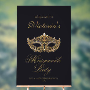 Señal Acrílica Fiesta de cumpleaños de máscara de oro negro