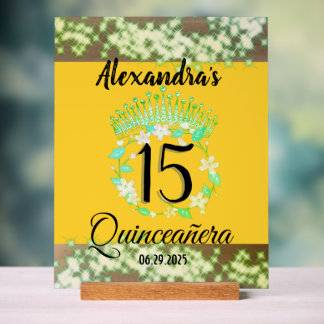 Señal Acrílica Fiesta de Quinceanera elegante verde mostaza