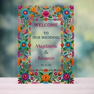 Señal Acrílica Fiesta Floral Colorida de Bordado Bienvenida de Bo
