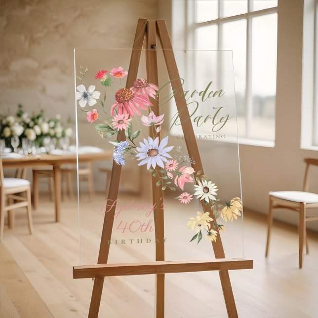 Señal Acrílica Fiesta Jardín Acuarela Flor silvestre Cumpleaños F (Garden Party Watercolor Wildflower Floral Birthday Acrylic Sign)