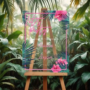 Señal Acrílica Fiesta Neon Pink Tropical Floral Palm Boda