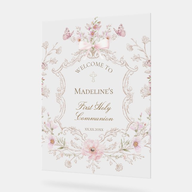Señal Acrílica First Communion floral welcome (Ángulo)