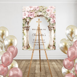 Señal Acrílica First Communion Pink Florals Arch Cross Welcome