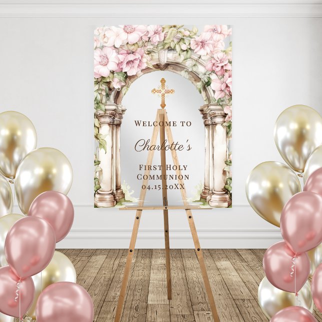 Señal Acrílica First Communion Pink Florals Arch Cross Welcome (Subido por el creador)
