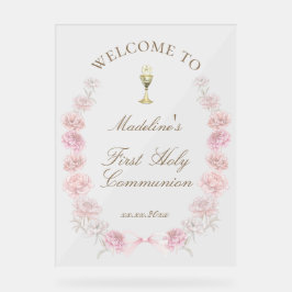 Señal Acrílica First Communion pink peonies welcome