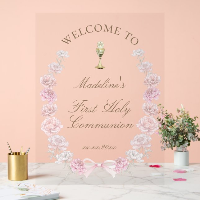 Señal Acrílica First Communion pink peonies welcome (Boda)