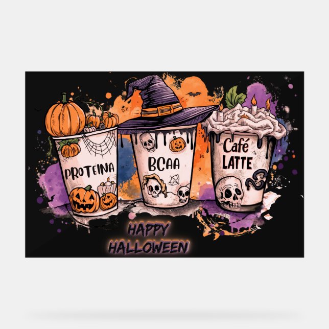 Señal Acrílica Fitness Halloween 🎃Protein, BCAA & Café Latte  (Anverso)