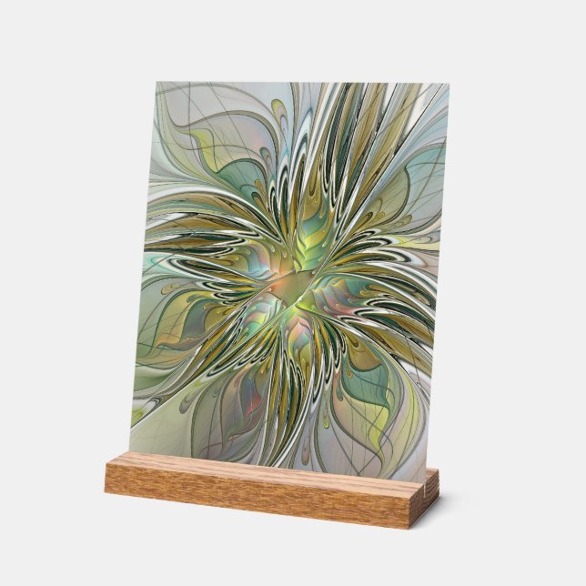 Señal Acrílica Flor De Arte Fractal Moderno Con Oro (Ángulo)