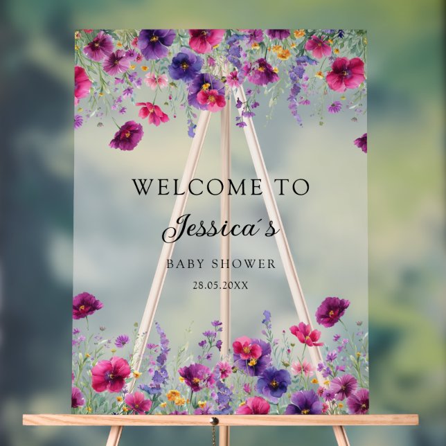 Señal Acrílica Flor silvestre, Baby Shower morado-rosada (Neutral )