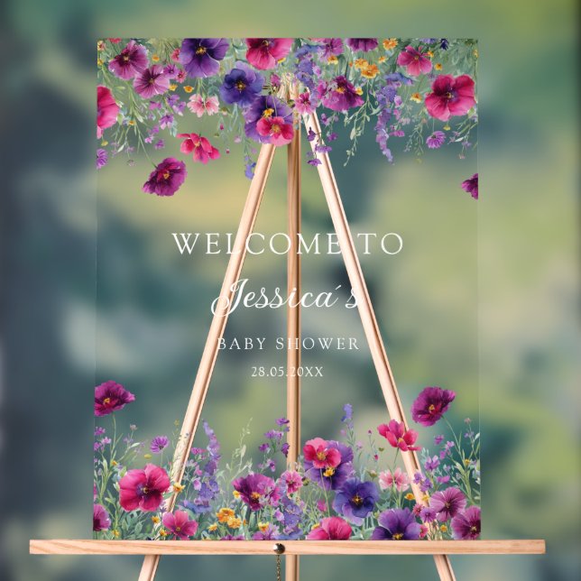 Señal Acrílica Flor silvestre, Baby Shower morado-rosada (Neutral )