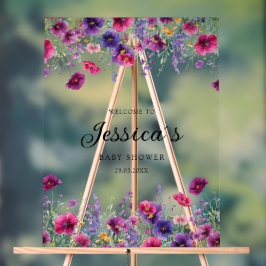 Señal Acrílica Flor silvestre, Baby Shower morado-rosada
