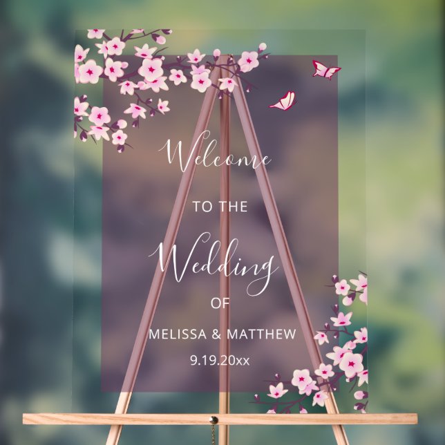 Señal Acrílica Floral Cherry Blossom Transparent Wedding Welcome (Neutral )