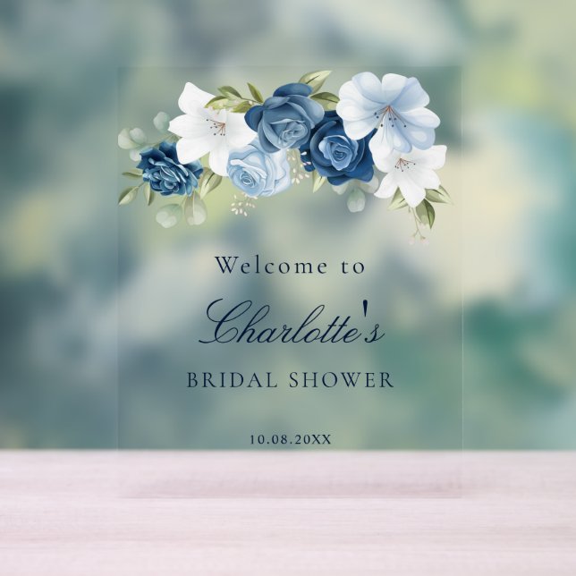 Señal Acrílica Floral Dusty Blue Script Bridal Shower (Neutral )