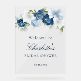 Señal Acrílica Floral Dusty Blue Script Bridal Shower Bienvenida
