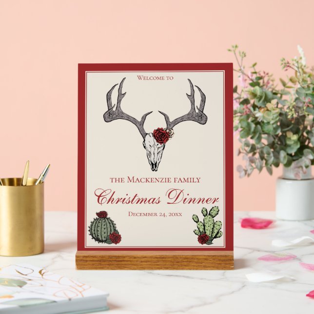 Señal Acrílica Floral Merry Christmas Deer Head Skull Cactus (Boda)