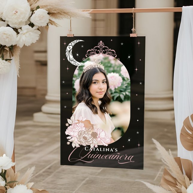 Señal Acrílica Floral Moon Stars Tiara Photo Quinceañera Welcome (Floral Moon Stars Tiara Photo Quinceañera Welcome Acrylic Sign)