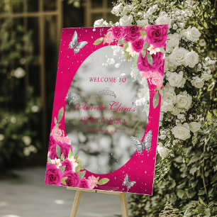 Señal Acrílica Floral Plata rosa Tiara Mariposa Quinceañera