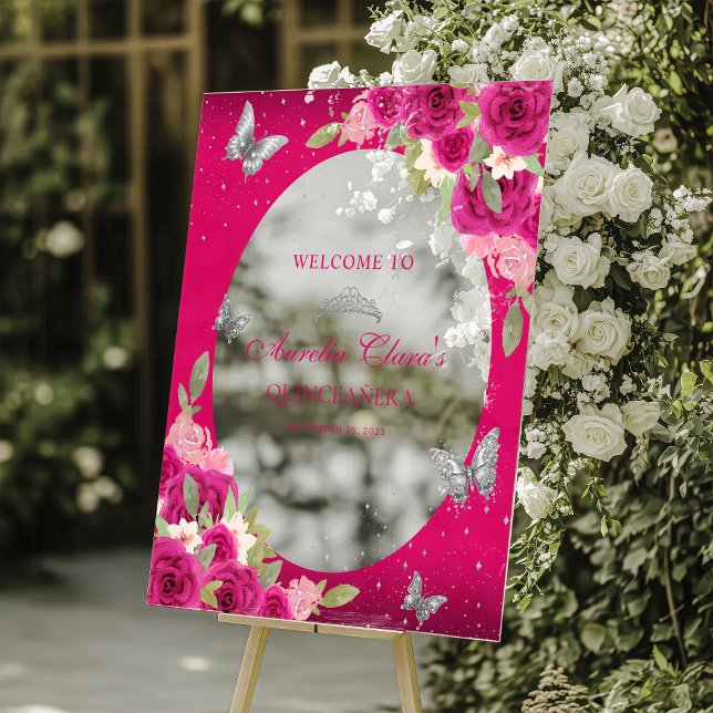 Señal Acrílica Floral Plata rosa Tiara Mariposa Quinceañera (Subido por el creador)
