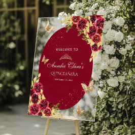 Señal Acrílica Floral Red Gold Tiara Mariposa Quinceañera