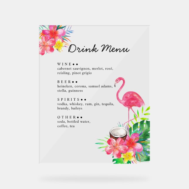 Señal Acrílica Floral Tropical Paradise Flamingo Drinks Menu (Anverso)
