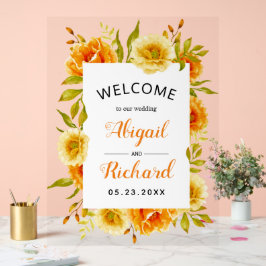 Señal Acrílica Flores acuarelas naranjas bienvenida boda floral