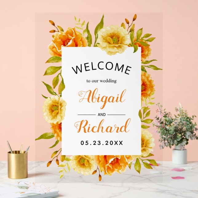 Señal Acrílica Flores acuarelas naranjas bienvenida boda floral (Boda)