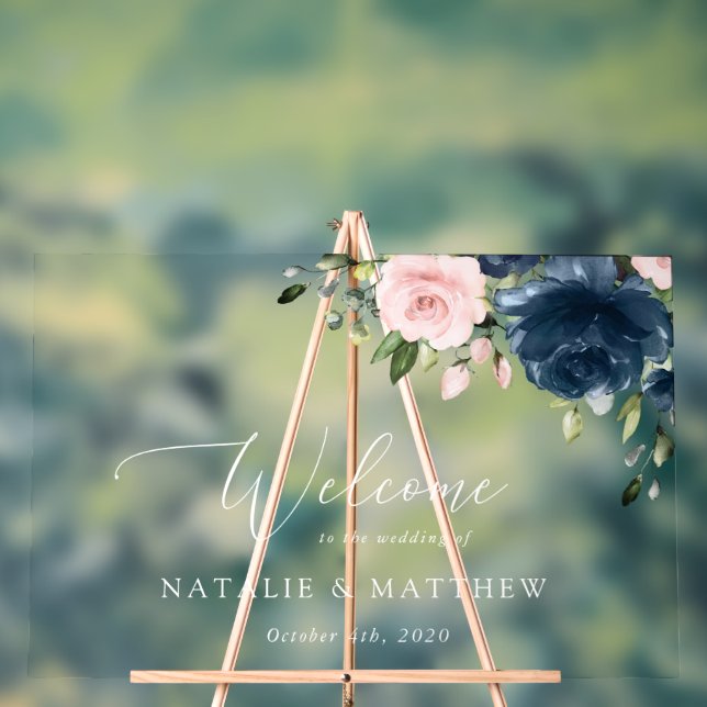 Señal Acrílica Flores azules de la marina, flores rosas, bienveni (Neutral )