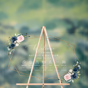 Señal Acrílica Flores azules de la marina, flores rosas, línea de