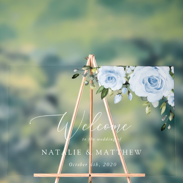 Señal Acrílica Flores Azules Polvorientas, Boho, Bienvenida de Bo (Neutral )