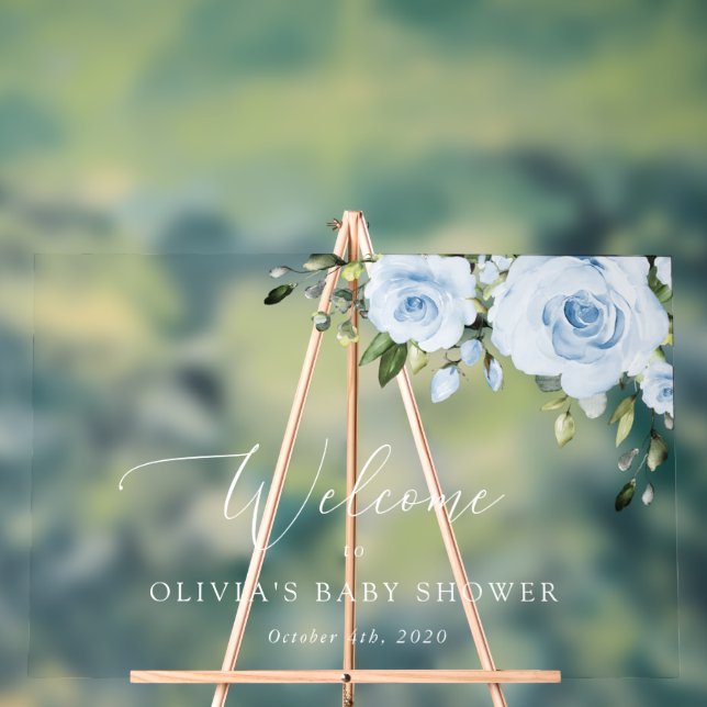 Señal Acrílica Flores azules, vegetación, bienvenida a Baby Showe (Neutral )