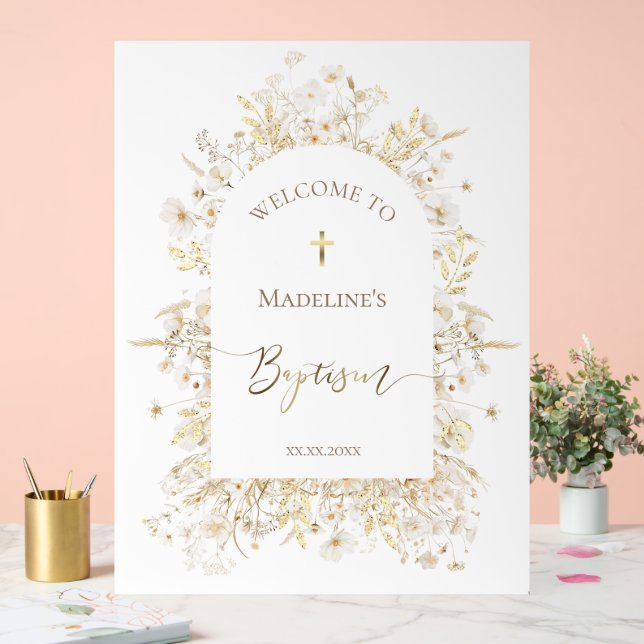 Señal Acrílica flores blancas amarillas Bautizo bienvenida (Boda)