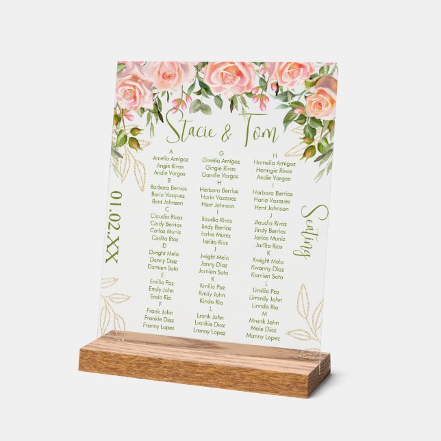 Señal Acrílica Flores Botánicas Rosadas Asientos de Boda de Oro (Ángulo)