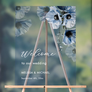 Señal Acrílica Flores de Acuarela Azul Boda Bienvenida