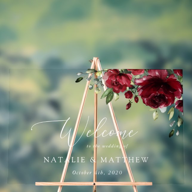 Señal Acrílica Flores de Borgoña, flores rojas, bienvenida Boda (Neutral )