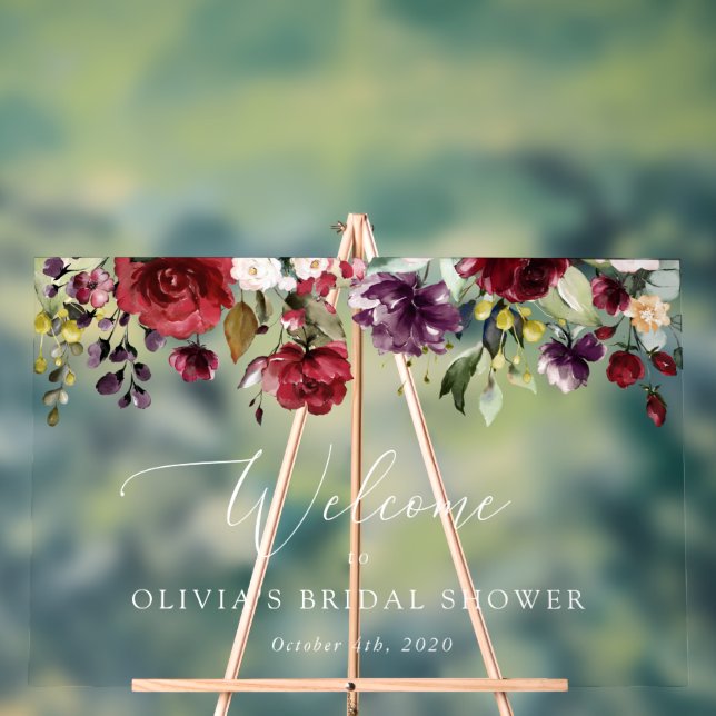 Señal Acrílica Flores de Borgoña, flores rosas, bienvenida a las  (Neutral )