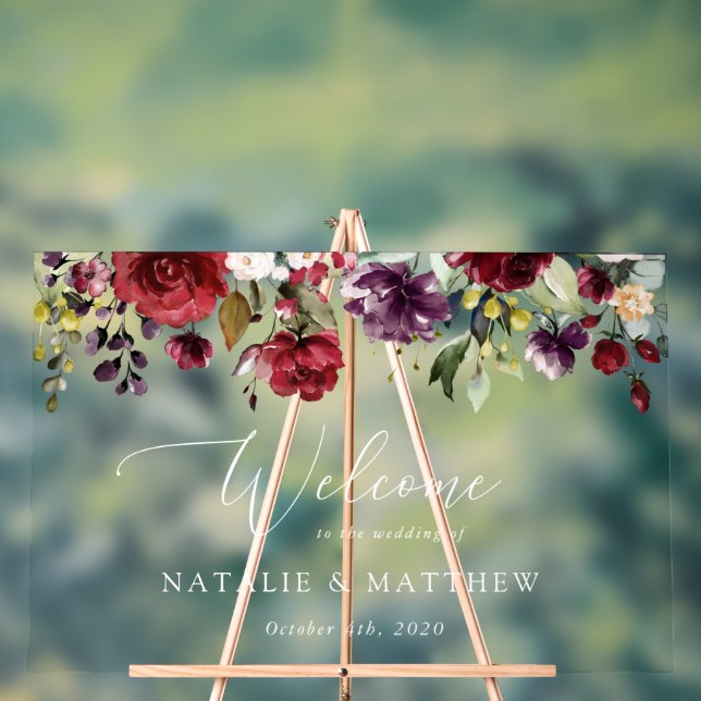 Señal Acrílica Flores de Borgoña, flores rosas, bienvenida Boda (Neutral )