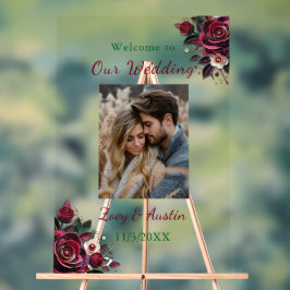 Señal Acrílica Flores de Borgoña, oliage y perlas personalizadas