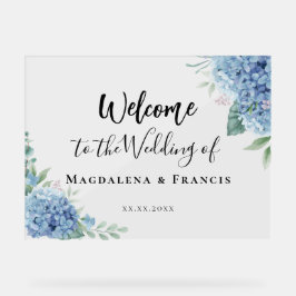 Señal Acrílica Flores de Hortensia Azul para bienvenida de boda