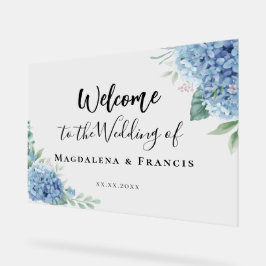 Señal Acrílica Flores de Hortensia Azul para bienvenida de boda