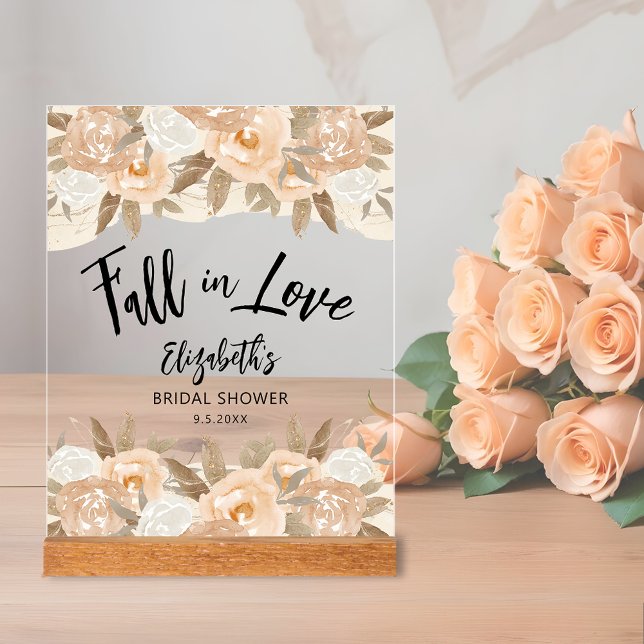 Señal Acrílica Flores de melocotón de boda de amor (Fall in Love bridal shower clear acrylic sign with rustic peach flowers and leaves on top and bottom)